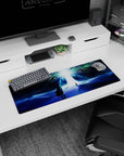 Mystical 32x12 mouse pad with deep blues and cosmic greens, showing Eren Yeager and Ymir Fritz beneath the radiant Paths Tree for a stunning workspace
