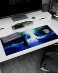 Ethereal 36x16 anime desk mat with deep blues and cosmic greens, showing Eren Yeager and Ymir Fritz beneath the radiant Paths Tree for a mystical feel