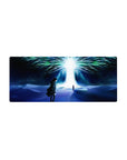 Coordinate 28x12 mouse pad featuring Eren Yeager and Ymir Fritz beneath the radiant Paths Tree, with deep blues and cosmic greens for a cosmic workspace