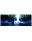 Coordinate 32x12 mouse pad with Eren Yeager and Ymir Fritz beneath the radiant Paths Tree, blending deep blues and cosmic greens for a tranquil effect