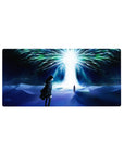 Coordinate 32x16 mouse pad with Eren Yeager and Ymir Fritz beneath the radiant Paths Tree, featuring deep blues and cosmic greens for a stunning desk vibe