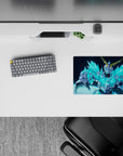 Electric cyan and icy blue shards on dark backdrop, fast powerful vibe anime mouse pad, 14x10 inches.