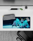Electric cyan and icy blue anime mouse pad 28x12 inches, neon shards glow for a fast, dangerous vibe.