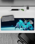 32x12 inches anime mouse pad in neon cyan and icy blues, electric crystal glow, fast and dangerous vibe.
