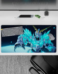 32x16 inches anime mouse pad in neon cyan and icy blue shards, electric fast vibe with glowing crystal pattern.