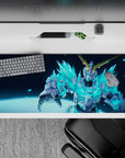 Electric cyan and icy blue anime desk pad 36x16 inches, fast neon shards and dangerous glow vibe.