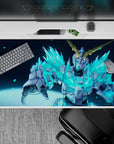 Electric cyan and icy blue anime desk pad 40x20 inches, fast glowing vibe with sharp gold accents.