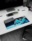 Reaching armored mecha warrior anime mouse pad 28x12 inches, glowing cyan shards and gold horned helm.