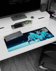 32x12 inches anime mouse pad showing a horned mecha hero reaching forward amid glowing cyan shards.