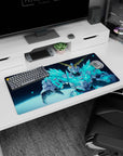 32x16 inches anime mouse pad showing a horned mecha hero reaching out, blue crystal armor bursting on black.