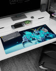 Mecha anime hero reaching out from a dark backdrop on desk pad 36x16 inches, gold horns and neon.