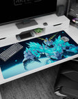 Mecha anime hero reaching out on a 40x20 inches desk pad, neon shards bursting across armored suit.