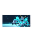 Mecha hero anime mouse pad 28x12 inches with neon crystal armor and gold horns on dark background.