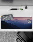 Calming 32x12 mouse pad with soft purples, blues, and a pink horizon, bringing tranquility and serenity to your desk