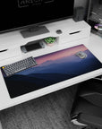 Calming 36x16 anime desk mat with serene mountains and soft twilight hues, adding tranquility and peacefulness to your workspace