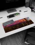 Artistic 32x12 inches mouse pad featuring desert sunset, with brilliant pinks and oranges and towering cacti for a stunning desk effect.