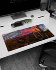 Modern 32x16 inches mouse pad featuring desert sunset design, with brilliant pinks, oranges, and cacti for a creative, adventurous effect.