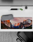 32x12 inches mouse pad with mountain landscape design, showcasing serene waterfalls, snow-capped peaks, and sun-kissed cliffs for nature lovers.