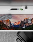 36x16 inches mouse pad with mountain landscape design, blending snow-capped peaks, sun-kissed cliffs, and a beautiful waterfall for serene adventure.