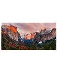 Mouse pad featuring mountain landscape design, 32x16 inches, with a stunning waterfall, snow-capped peaks, and sun-kissed cliffs for a peaceful look.