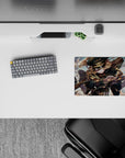 14x10 inches classic anime mouse pad in dark teal and gold with bright sky, orange lightning sparks, high-energy vibe.