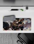 28x12 inches anime girl mouse pad in dark teal and gold, bright sky backdrop with orange lightning sparks.