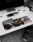 32x12 inches anime girl mouse pad showing a fierce soldier mid-strike, curls flying, cape whipping, rifle aimed wide.