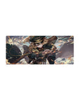 28x12 inches anime girl mouse pad with officer cap, teal uniform, rifle pose, sparks and motion cape.
