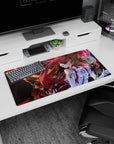Modern 32x16 inches mouse pad featuring Asuka Langley Shikinami and Unit-02, with deep reds, fierce greens, and fiery action for a bold aesthetic.
