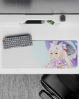 32x12 inches pastel bokeh desk mouse pad, soft sky tones, white hair shimmer, cozy magical vibe.