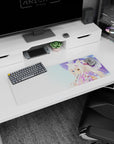 32x12 inches long mouse pad showing heterochromia fox girl in yukata, blue and gold eyes, shy smile.