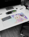 32x16 inches desk mat featuring shy fox-eared anime girl in pink yukata under a bold purple parasol.