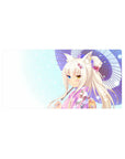 32x16 inches anime girl mouse pad with fox-eared yukata girl, pastel sky bokeh, purple parasol.