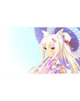 Anime girl desk pad 40x20 inches with fox ears, pink floral yukata, purple parasol and bokeh glow.