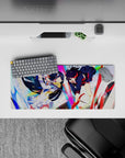 28x12 inches anime girl mouse pad in vivid rainbow glow, sharp lines, loud fast battle energy.