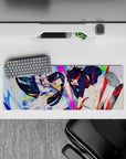 32x12 inches anime girl mouse pad in rainbow burst, shattered sparkles, loud fast neon energy.