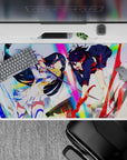 Vibrant anime desk pad 40x20 inches, neon rainbow glow, shattered sparkles, loud fast battle vibe.