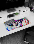 28x12 inches anime girl mouse pad showing black-haired armored heroine facing red-streak rival mid-dive.