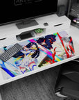 40x20 inches anime girl desk pad showing black-haired armored fighter vs red-haired rival lunging forward.