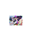 14x10 inches classic anime girl mouse pad with two fighters clashing, armor, red gloves, rainbow sparkles.