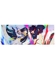 32x12 inches anime girl mouse pad with two warriors clashing, black hair armor vs red streak gloves.