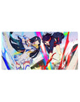 32x16 inches anime girl mouse pad with two fighters clashing in rainbow light, armor vs red gloves.