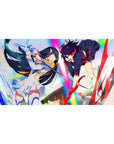 Anime girl desk pad 40x20 inches with two warriors clashing in rainbow light, armor and red gloves.