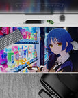 40x20 inches anime desk pad in neon blues and gold glow, calming late-night city vibe.
