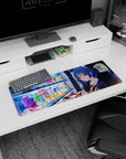 32x12 inches anime girl mouse pad showing golden-eyed student texting beside a vending machine at night.