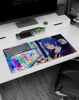 32x16 inches anime desk mat featuring a golden-eyed girl in dark uniform tapping her phone by vending.