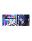 28x12 inches anime girl mouse pad with blue-bob heroine at a vending machine in neon city night.