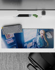 32x12 inches anime desk mat in cool blues and neon whites, cozy late-night romance vibe with Japanese signs.