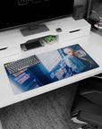 32x16 inches mouse pad showing shy blonde anime girl by colorful vending machines with Japanese labels.