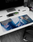 36x16 inches anime desk pad featuring shy blonde girl in oversized mint hoodie by colorful vending machines.